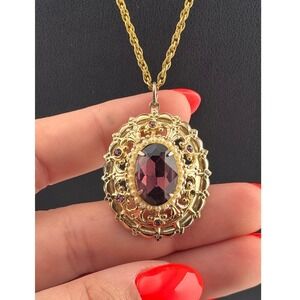 Vintage Coro Necklace Purple Stone Pearl Pendant Missing Stone